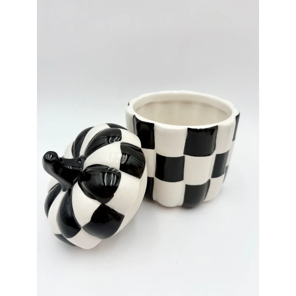 Checkered‎ Pumpkin Jar with Lid Black and White Ceramic Decor Courtly Check